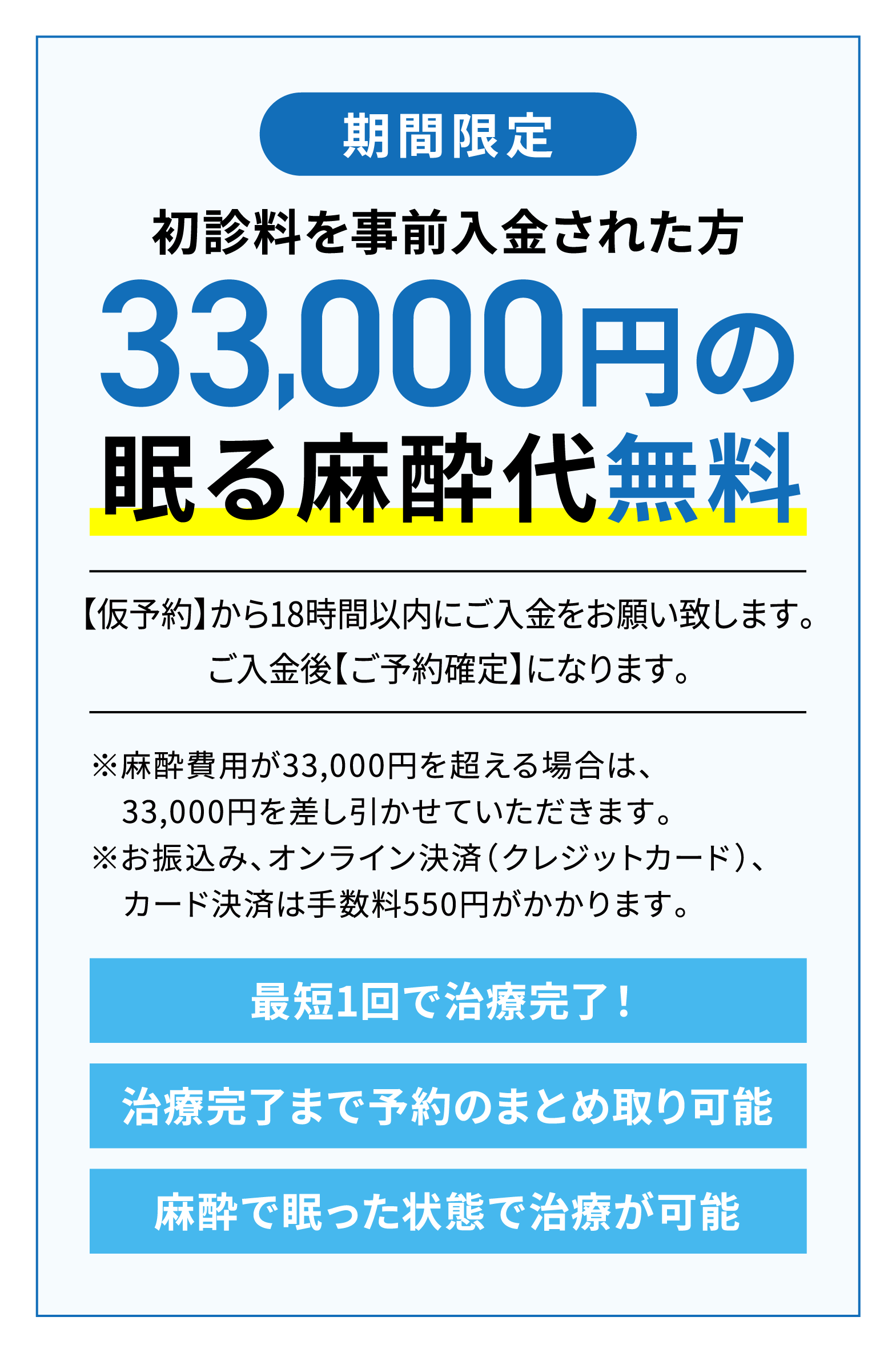 期間限定 初診料を事前入金された方 33,000円の寝る麻酔代無料